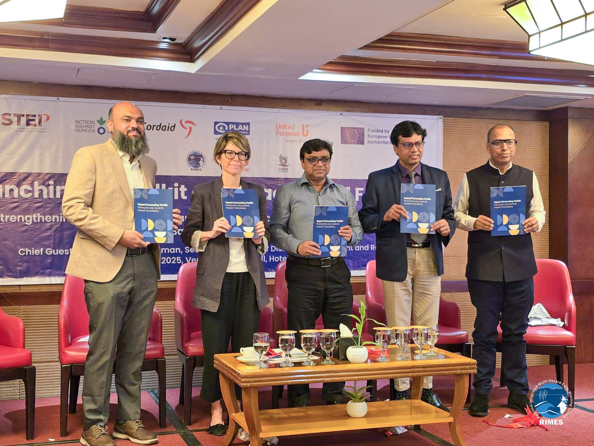 From Left: Raihanul Haque Khan, Country Program Lead at RIMES, Anna Orlandini, Head of Office, ECHO, Bangladesh Office, Mr. Ahmadul Haque, Additional Secretary and Director of the Cyclone Preparedness Programme (CPP), National Focal Point, EW4A, and Mr. Momenul Islam, Director of the Bangladesh Meteorological Department (BMD), Mohammad Akmal Shareef, Country Director, Action Against Hunger (ACF) at the Impact Forecast Based Workshop in Dhaka, Bangladesh.