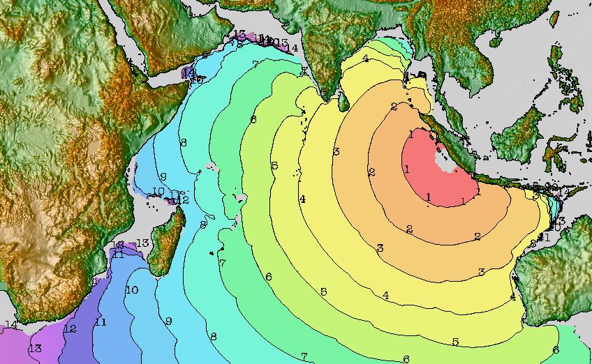 Tsunami travel time map